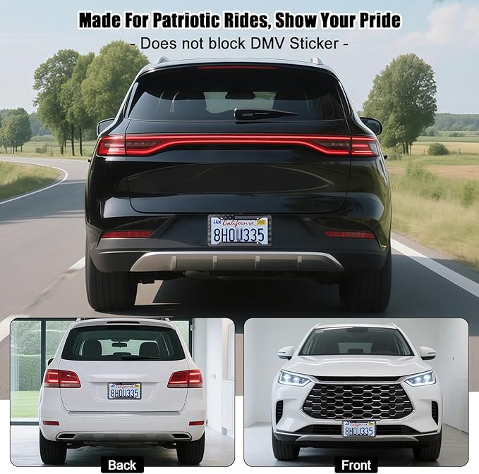 American Flag License Plate Frames Holder - 2 Pack Stainless Steel Rustproof USA Patriotic Car Tag Cover Holder with Free Screws Accessories + Metal Stickers & Keychain & Cup Holder Mats, Black Gray