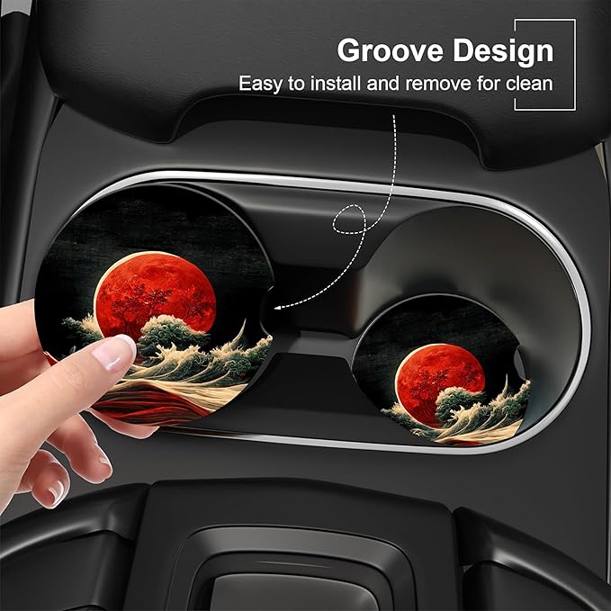 Red Moon Above The Sea Car Cup Holder Coaster,Car Coasters for Cup Holder,2 Pack Chinese Style Landscape Anti-Slip Absorbent Ceramic Car Cup Coasters with Finger Notch Cork Base for Women Men 2.56"