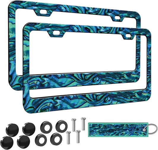 2pcs Faux Abalone License Plate Frame for Women, car Decorative tag Frames Girly, Faux Abalone License Plate Cover Holder for Vehicle with Double Sided car Keychain tag