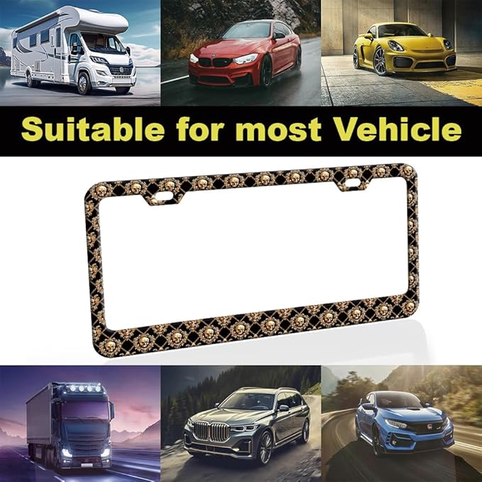 2pcs Brown Skulls License Plate Frame for Women, Skull Skeleton car Decorative tag Frames Girly,Halloween License Plate Cover Holder for Vehicle with Double Sided car Keychain tag