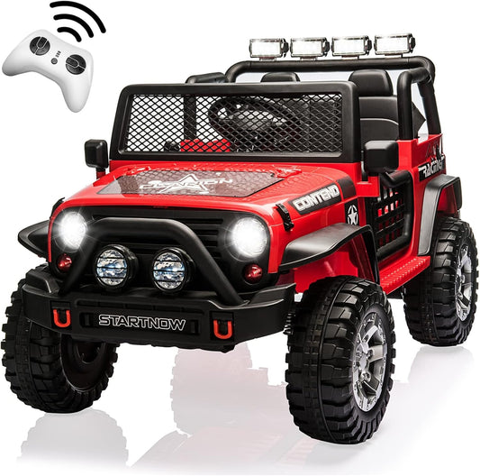 2-Seater Kids Ride on Truck Car, 12V Battery Powered Electric Vehicle with Remote, Electric Car for Kids/Toddlers w/Spring Suspension, LED Light, Music, MP3, 2 Doors, 3 Speeds, Red