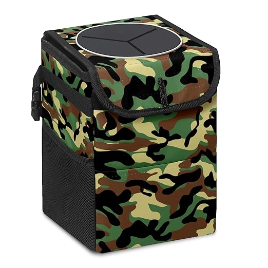 Car Trash Can Camouflage Army Pattern Wate-rproof Auto Garbage Bag Car Trash Can with Lid Leak-Proof Car Storage Bag Hanging for Headrest Collapsible and Portable with Storage Mesh Pocket