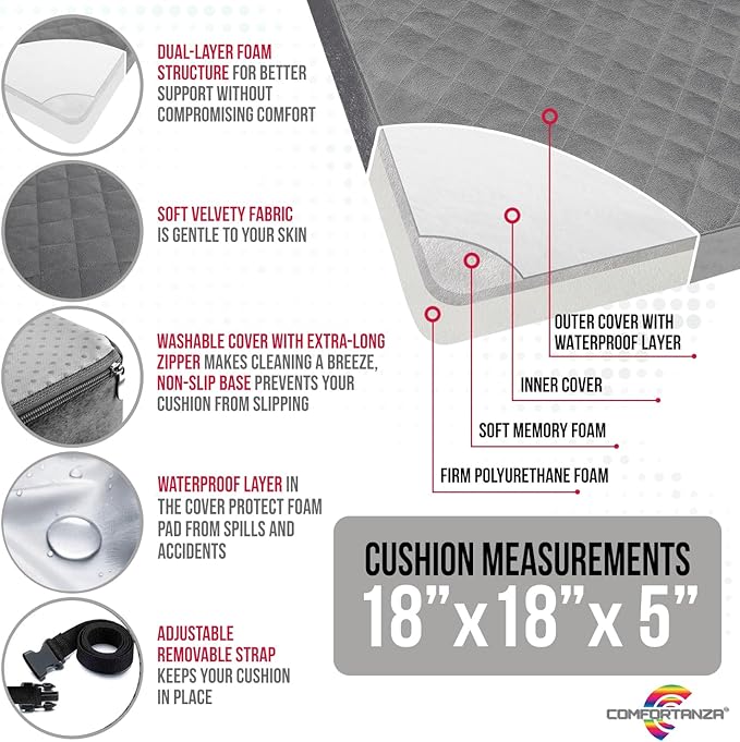 Booster Cushion for Adults - 18x18x5 Medium-Firm Seat Cushion for Home, Office, Wheelchair, Car - Washable Velvety Cover with Waterproof Layer, Removable Strap & Non-Slip Base - Beige