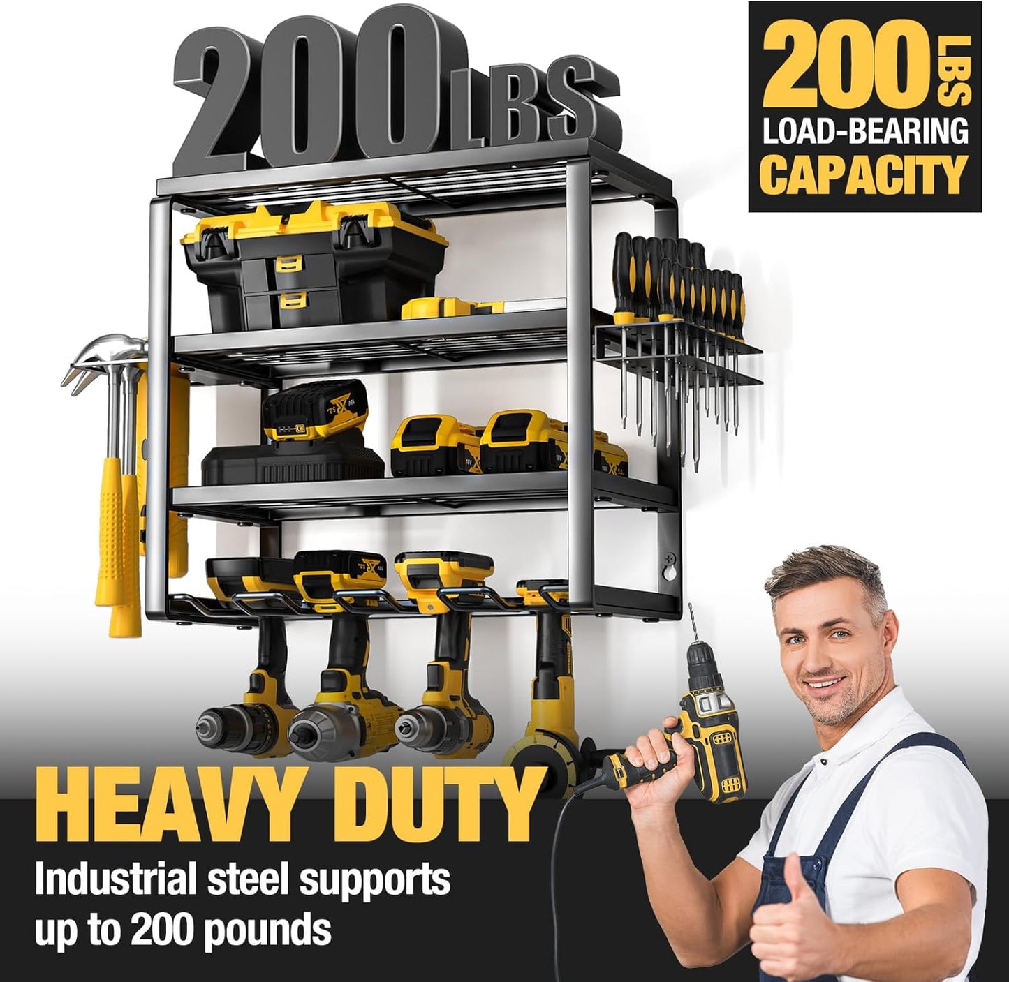 YYR 4 Layer Power Tool Organizer Wall Mount, Cordless Drill Hanger Storage Rack, Battery Tools Holder with Charging Station Shelf for Garage Organization, Workshop, Pegboard, Shed - 16 Inch 4 Slots