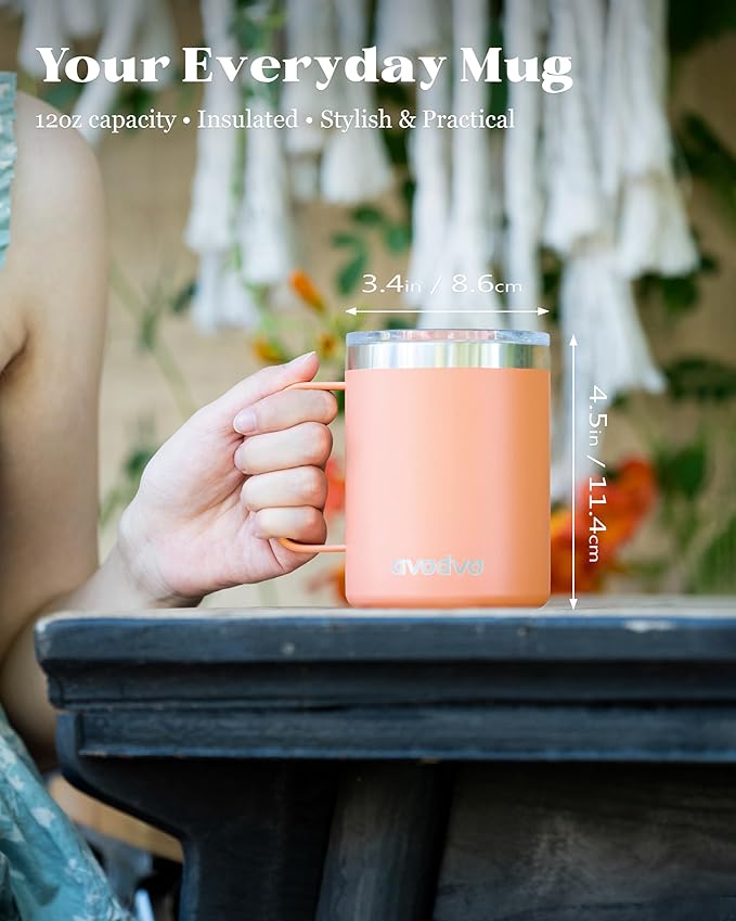 12oz Insulated Coffee Mug with Lid – Includes Two Lids, Stainless Steel Coffee Travel Mug with Handle, Double Wall Vacuum Insulated Camping Mug for Home, Office & Outdoor, Orange