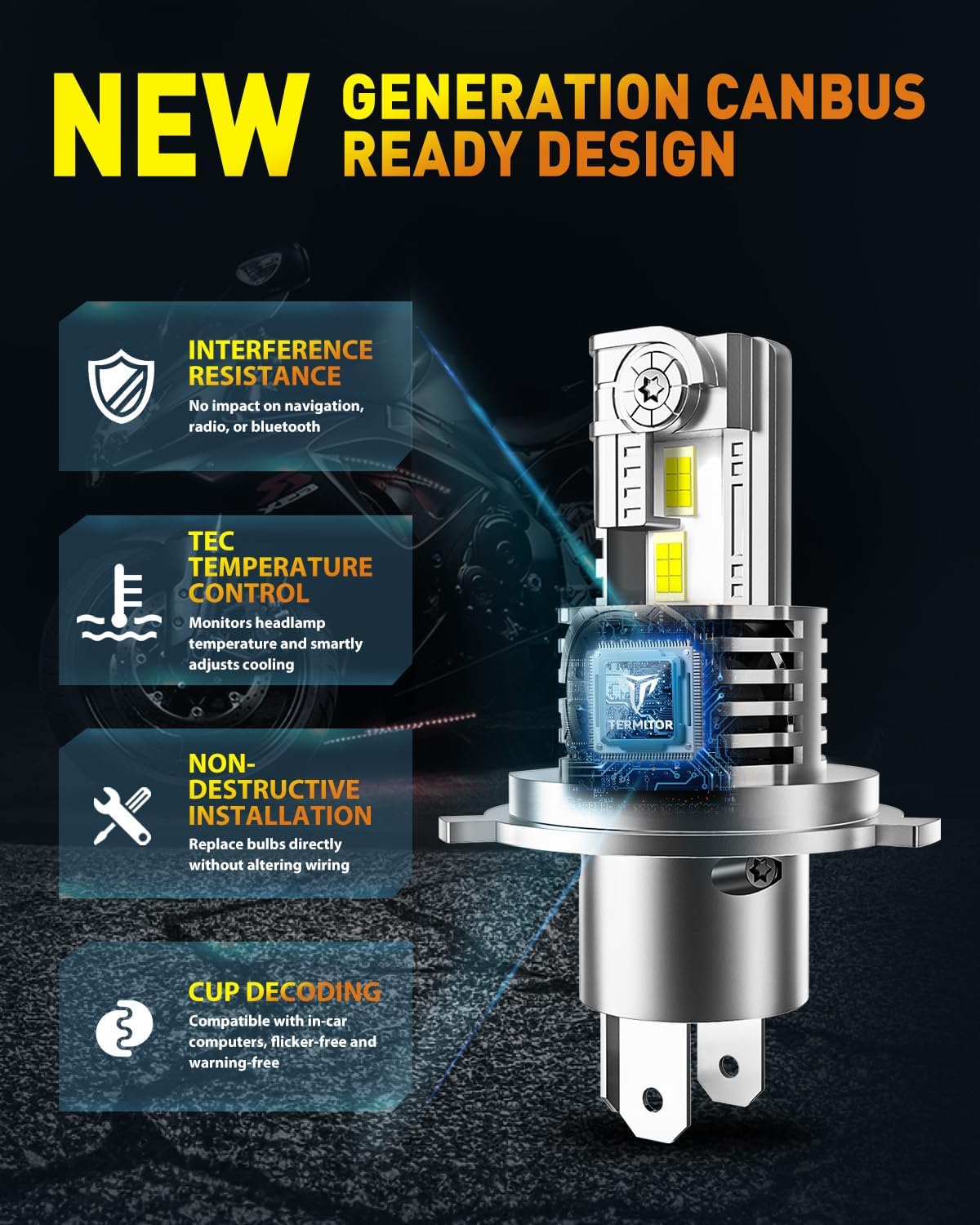 Latest H4/9003/HB2 Bulb for Motorcycle Hi/Low Beam, 18000LM 800% Super Brighter, 1:1 Halogen Size, 6500K Cool White, 70000Hrs Long Service Life with Cooling Fan, Plug and Play, Pack of 1