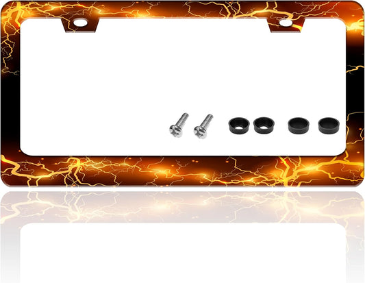 Yellow Red Thunder and Lightning License Plate Frame Fantasy Landscape License Plate Holder for Front and Rear Car Tags Stainless Steel Car Funny Decoration with Screws 6.3 X 12.2 Inch for Men Women