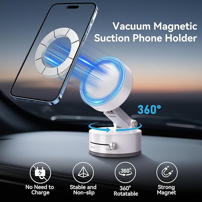 Magnetic Car Phone Mount - Ultra Strong Vacuum Suction Phone Holder for Dashboard/Windshield, Foldable 360° Adjustable Car Phone Mount Compatible with iPhone 16/15/14 & All Smartphones-817001C