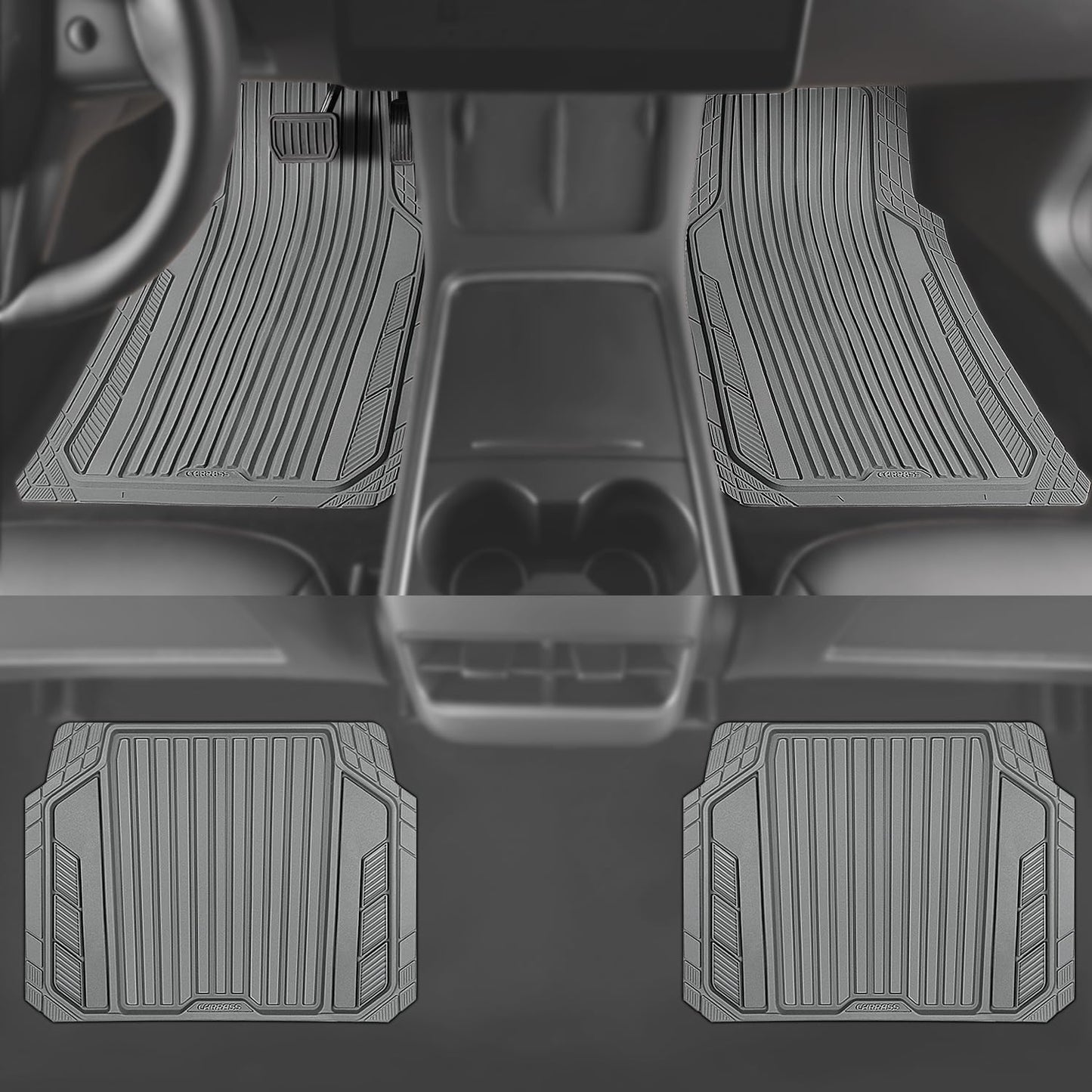 CAR PASS Heavy Duty Sporty Rubber Car Mats, Deep Dish All Weather Car Floor Mats Full Set, Waterproof Anti-Slip Automotive Matts Rugs Trim to Fit for Most Sedans SUVs Vans, 4-Piece All Gray