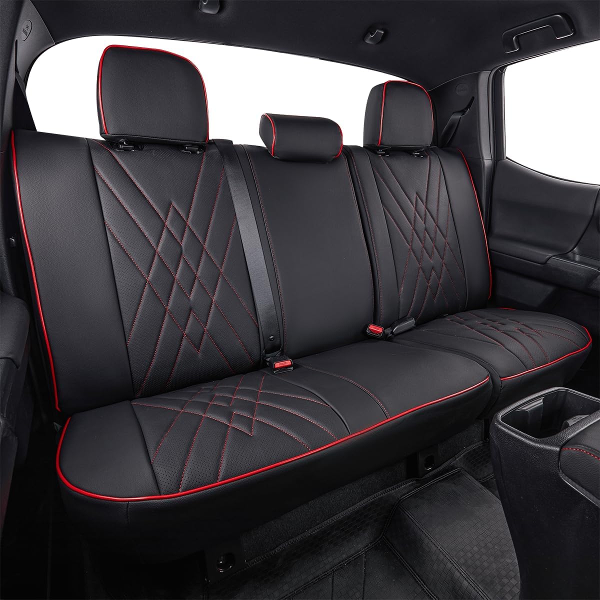 EKR Custom Fit Tacoma Car Seat Covers for Select Toyota Tacoma 2016 2017 2018 2019 2020 2021 2022 2023 Access Cab - Full Set,Leather(Black with Red Trim)