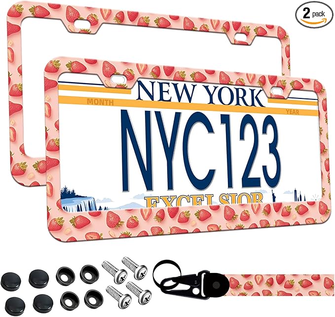 2-Pack Pink Strawberry License Plate Frames, 2 Holes Cute Strawberries Aluminum License Plate Holder for Women Man,Fruit License Plate Cover fits Vehicles 12.3" x 6.3" with Keychain Wrist Lanyard