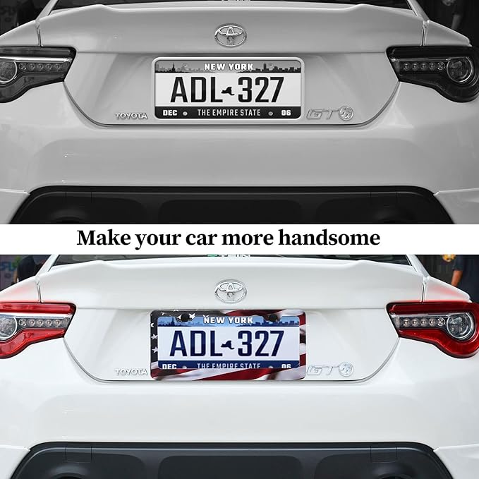 Patriotic American Flag License Plate Frame Holder - 2 Pack Universal Aluminum Matte Stripe US Flag Gloss Car Plate Frame Covers with 2 Holes and Free Screws Fasteners Caps