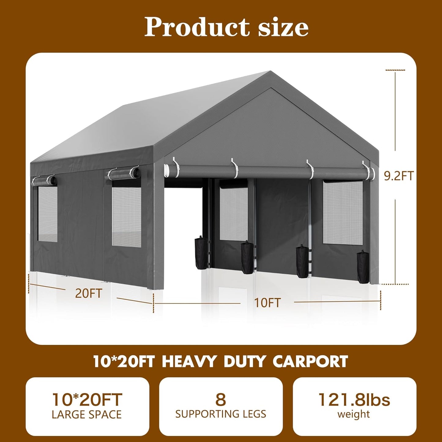 Walsunny Carport, 10x20 ft Heavy Duty Carport Canopy with Roll-up Windows, Portable Garage with Removable Sidewalls & Doors, Car Canopy with All-Season Tarp for Car, Truck, Boat