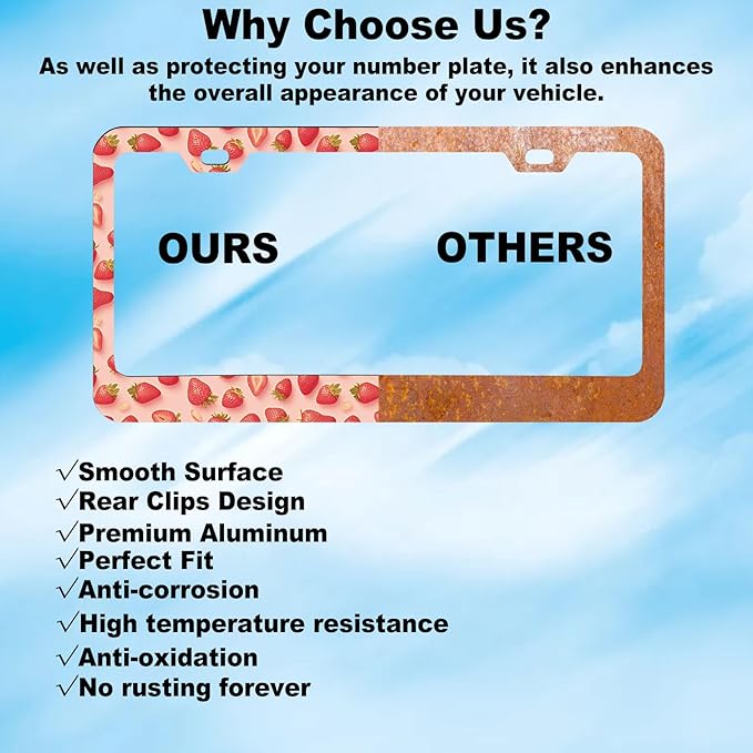1-Pack Pink Strawberry License Plate Frames for Women Man, 2 Holes Cute Strawberries Aluminum License Plate Holder,Fruit License Plate Cover fits Vehicles 12.3" x 6.3" with Keychain Wrist Lanyard