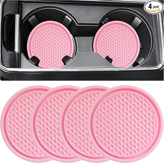 Car Cup Coaster, 4PCS Universal Auto Non-Slip Cup Holder Embedded in Ornaments Silicone Coaster, Car Interior Accessories Sets, Pink