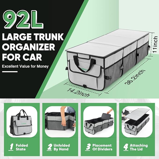 Simniam Car Trunk Organizer with Insulated Grocery Bag- 110L High Capacity Car Storage Box, with 4 Compartments, Reflective Strip, Cover, for Auto, SUV, Truck, Minivan