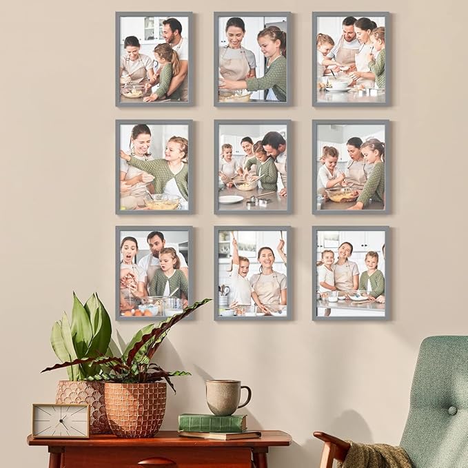 Renditions Gallery Set of 9, 8X10 Custom Photo Prints with Real Wood Picture Frames. Create Personalized Photos with Peel & Stick Photo Frames. Gray Frame