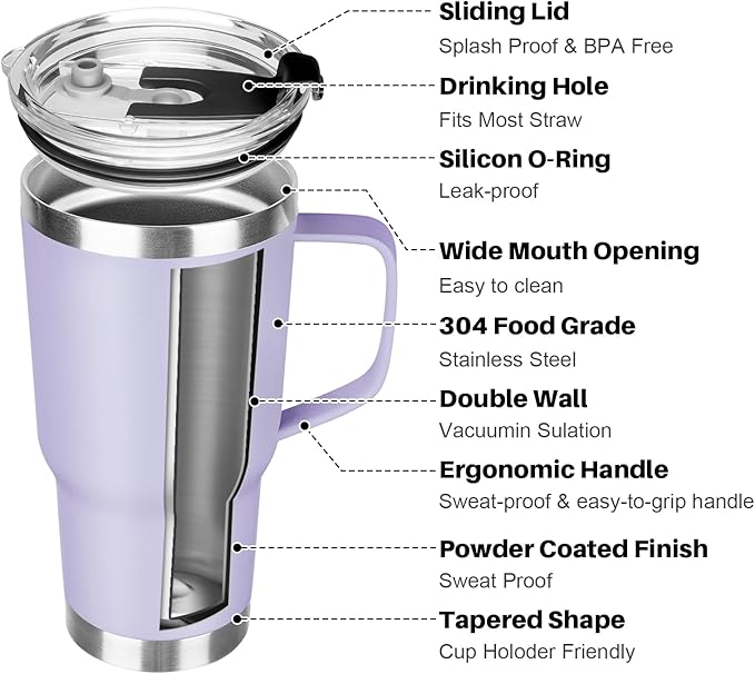 20 oz Tumbler with Handle, Stainless Steel Insulated Tumbler with Lid and Straw, Double Wall Vacuum Insulated Coffee Mug Tumbler, Insulated Coffee Thermal Cup for Cold and Hot (Light Purple)
