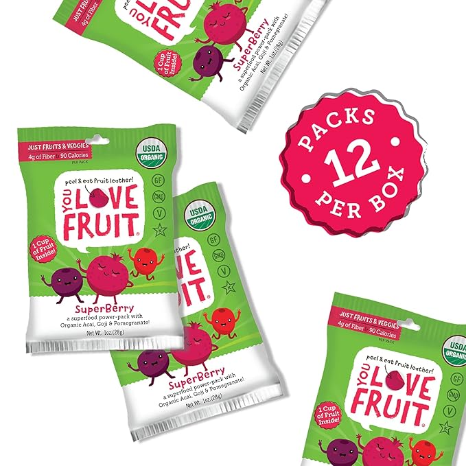 YOU LOVE FRUIT – SUPERBERRY All Natural Fruit Snacks, Healthy Snack Pack, Real Fruit! Gluten Free, Non GMO, Vegan, Fiber packed, Low Fat, Kosher, Variety Pack, Great For Adding To Gift Box, 1.0 oz (Pack of 12)