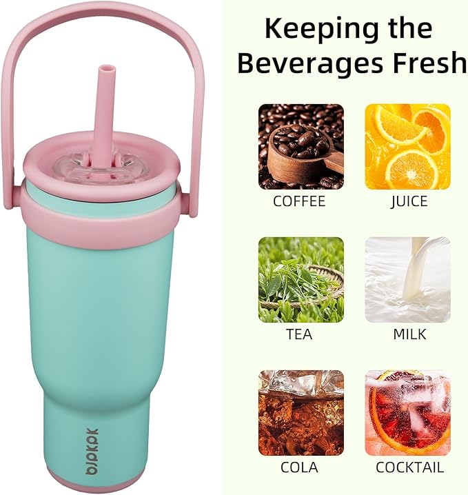 BJPKPK 40 OZ Insulated Travel Tumbler with Handle and Straw, Stainless Steel Water Bottle, Double Wall Vacuum Insulated Mug, for Work, Car, Travel, Guava
