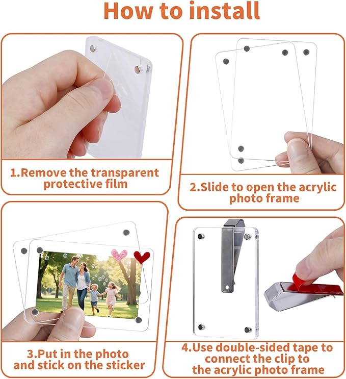 2pcs Car Photo Holder, Acrylic Magnetic Car Visor Photo Clip for 3.5" X 2.3" - with Heart Stickers Personalized Meaningful Car Accessories Gift for Mother/Dad/Kid & Anniversary Present