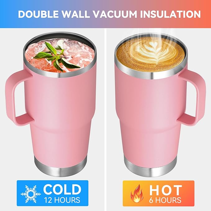 VEGOND 20 oz Tumbler Bulk with Handle Lid and Straw, Stainless Steel Insulated Travel Coffee Mug Set, Spill Proof Double Wall Metal Tumblers Cups, Pink 6 Pack