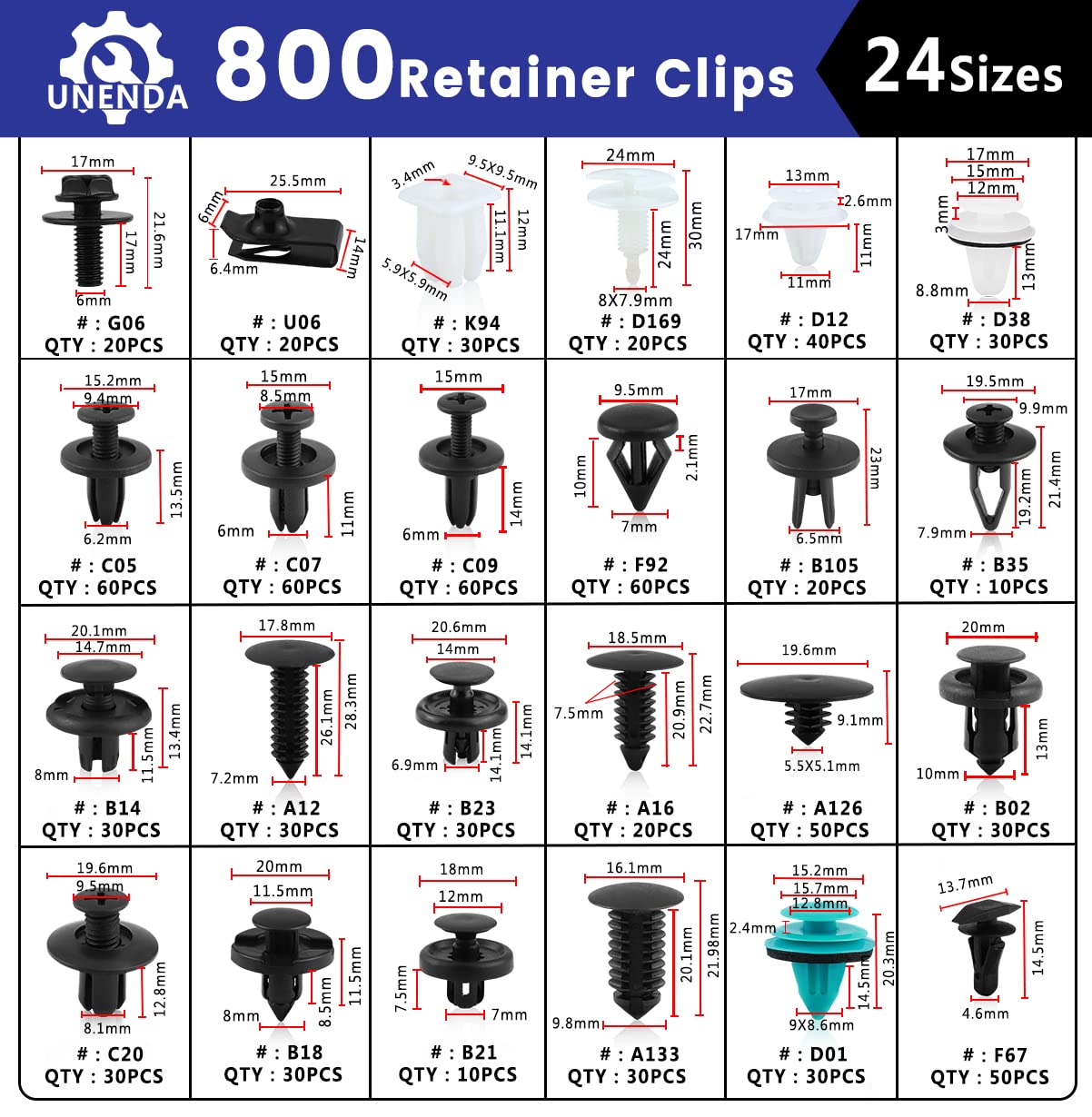801pcs Car Push Retainer Clips with 24 Popular Push Pins for Auto Parts - Sizes - Blue Fastener Remover Tool for Toyota, GM, Ford, Honda, Acura, Chrysler