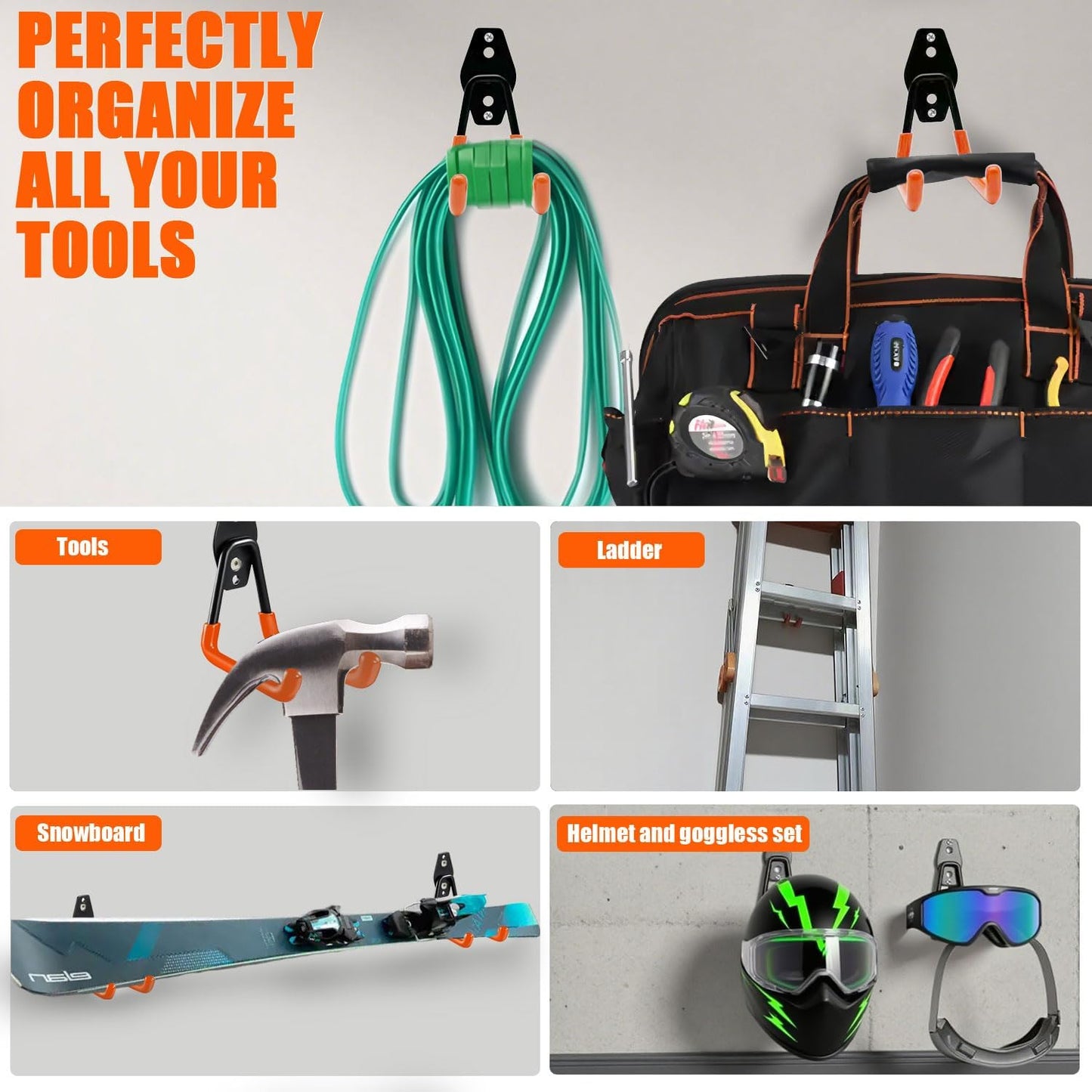 Heavy-Duty Garage Hooks -2 Pack Type small J- Anti-Slip Coated Wall-Mounted Hooks Wall Mount Storage Organizer for Hanging Power and Garden Tools, Ladders, Hose, Bikes, Ropes, Bulk Items, and More