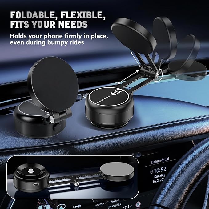 Electric Vacuum Magnetic Car Phone Mount,Vacuum Suction Car Phone Holder Hands-Free,Adjustable Foldable Magnetic Suction Cup Phones Mount,Strong Mag-netic Car Mounts for Smooth Surface (Silver)