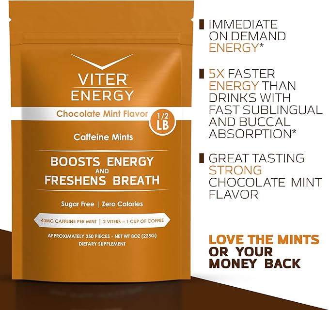 Viter Energy 40mg Caffeine Mints - Sugar Free, B Vitamins, Vegan, Boosts Fast Energized Alert Focus, Caffeinated Nootropic Supplement Pills (Chocolate Mint Flavor, 8oz, Bulk Bag)