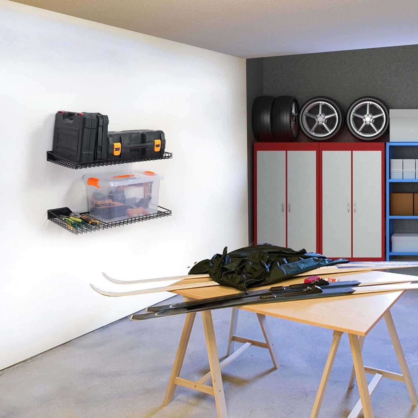 Wallmaster Heavy Duty Garage Wall Shelving 4 Pack 23.6"x11.8" Metal Wire Shelves Wall Mount Mesh Storage Rack for Garage, Office, Basement and Kithcen, max Load 65 lbs (Black)