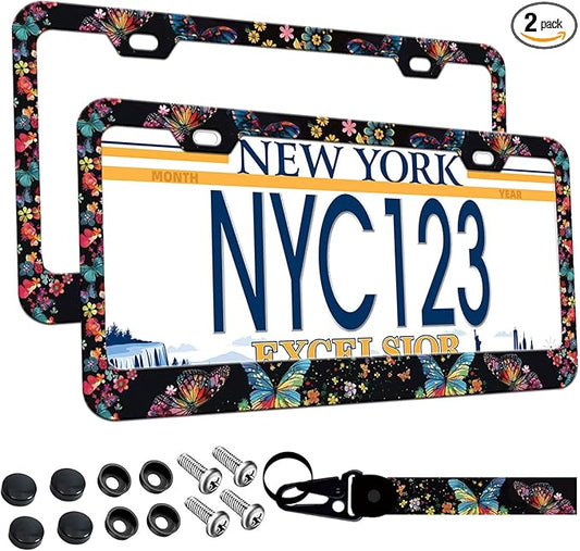 2-Pack Colorful Butterfly Floral License Plate Frames, 2 Holes Butterflies Floral Aluminum License Plate Holder for Women Man, Flower License Plate Cover fits Vehicles with Keychain Wrist Lanyard