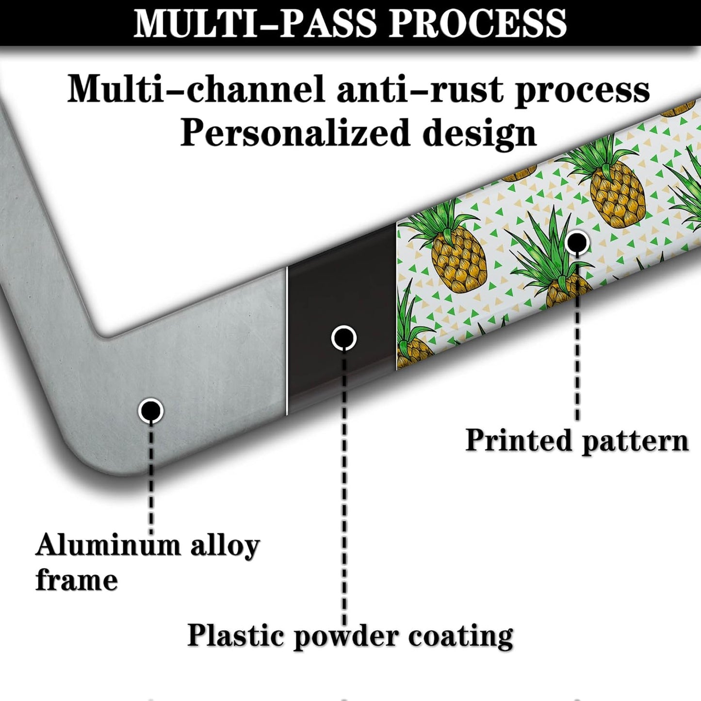 Car License Plate Frame Black Yellow License Plate Frames Yellow Pineapple Aluminum Metal Car Accessory 2 Pack with Screw Covers Set