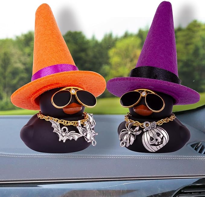Car Rubber Duck Ornaments Halloween Duck Car Dashboard Decorations with Mini Witch Hat Sunglasses Necklace Halloween Accessories for Halloween Themed Gifts(W20)
