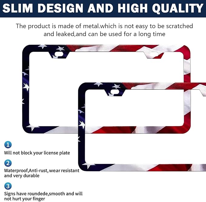 LIN KANG Patriotic American Flag License Plate Frame Holder - 2 Pack Universal Aluminum Matte Stripe US Flag Gloss Car Plate Frame Covers with 2 Holes and Screws Fasteners Caps