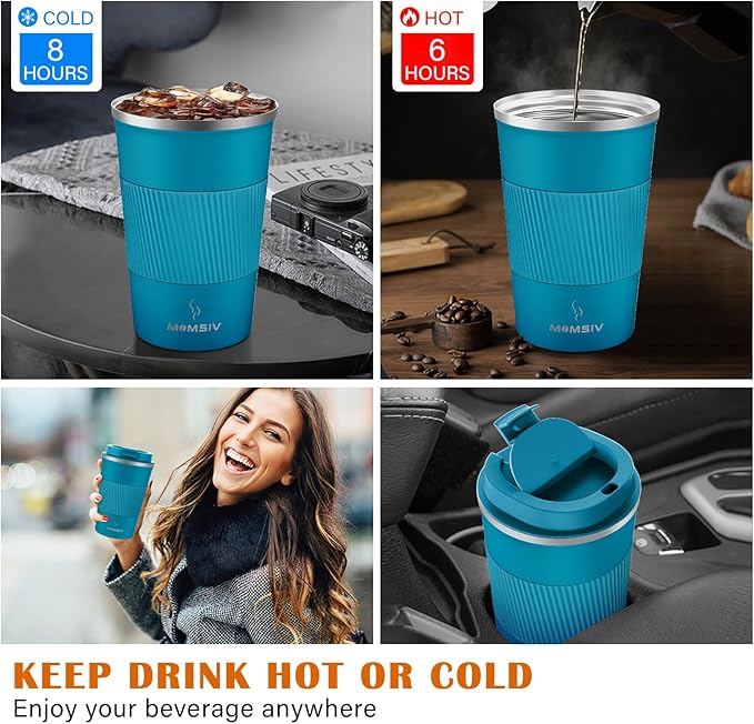 MOMSIV 12oz Travel Mug, Insulated Coffee Cup with Leakproof Lid, Travel Coffee Mug Vacuum Stainless Steel Double Walled Reusable Coffee Cup for Hot and Cold Water Coffee