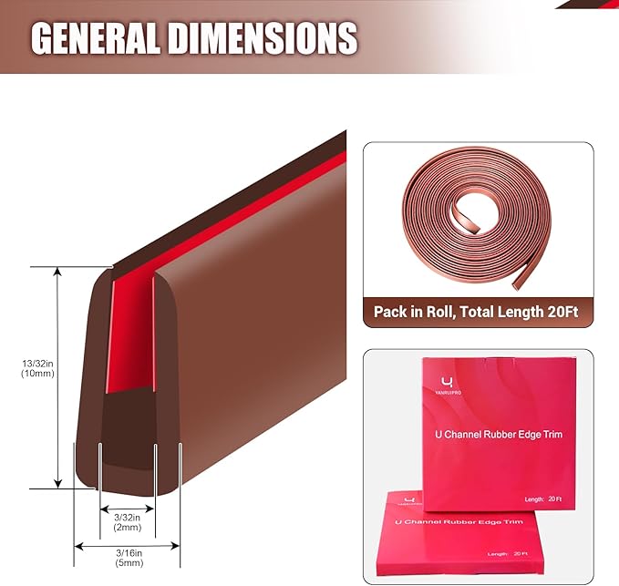 Rubber Edge Trim, Flexible Edge Trim for Sharp Edge, 3/32" U Channel Edge Protector, Self Adhesive Edge Guards for Car Doors, Truck Doors and Sheet Metal Parts, 20Ft, Brown Color