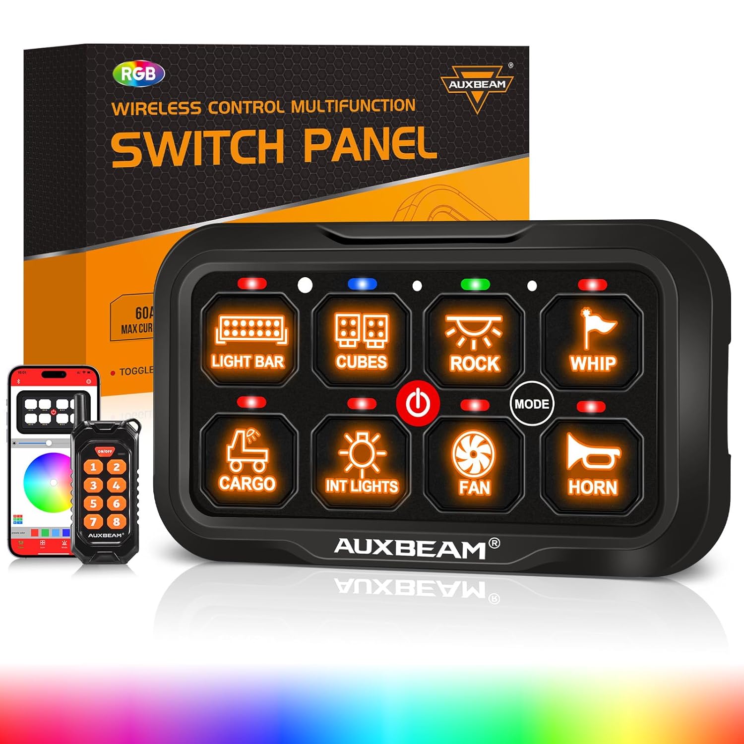 Auxbeam 8 Gang Switch Panel AC-800 Bluetooth RGB Switch Pod with Remot ...