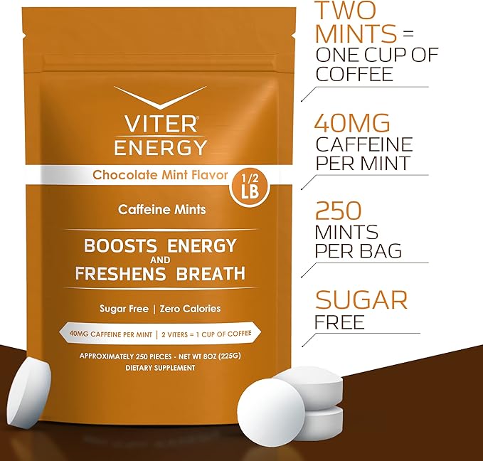 Viter Energy 40mg Caffeine Mints - Sugar Free, B Vitamins, Vegan, Boosts Fast Energized Alert Focus, Caffeinated Nootropic Supplement Pills (Chocolate Mint Flavor, 8oz, Bulk Bag)