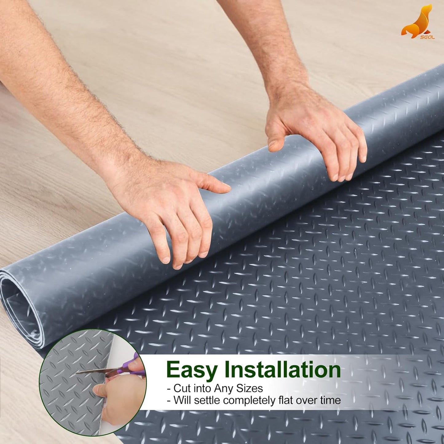 SEAL 4 x 8 Ft Premium Garage Floor Mat, Solid 2.8mm Thick Gray Commercial Grade Heavy Duty Parking Mat for Garage Floor, Golf Cart Parking, Water/Stain Resistant Floor Runner (Embossed Diamond Plate)