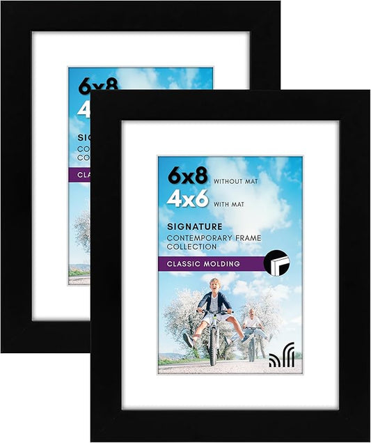 Americanflat 6x8 Picture Frame in Black Set of 2 - Displays 4x6 With Mat and 6x8 Without Mat - Composite Wood with Shatter Resistant Glass - Horizontal and Vertical Formats for Wall and Tabletop