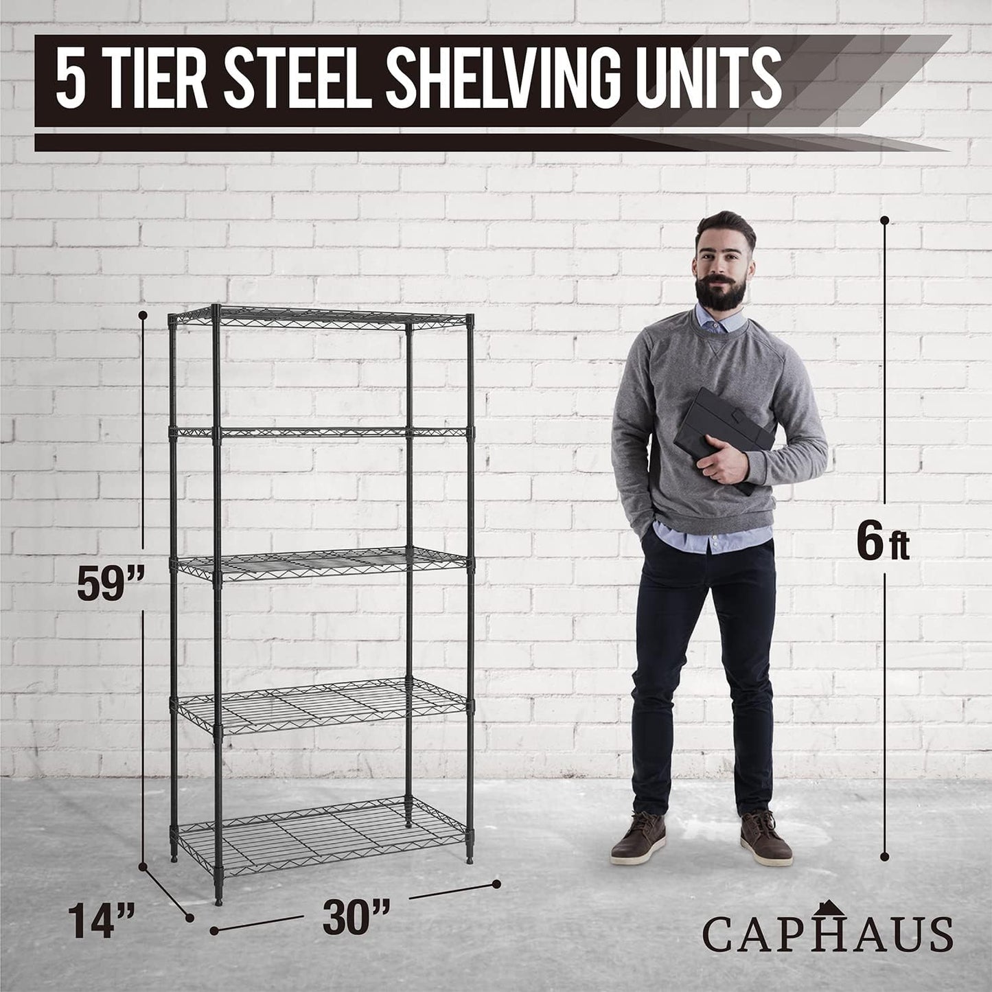 CAPHAUS 3/4/5-Tier Adjustable Height Wire Shelving Unit, Wire Rack Shelving, Metal Steel Storage Shelves, Garage Shelving Storage Organizer, Utility Storage Shelf, 5-Tier Without Wheels, Black