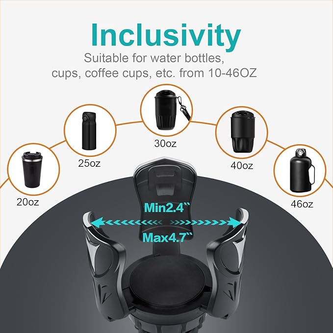 Car Cup Holder Expander, Cup Holder Adapter with Adjustable Telescopic Arm, Compatible with Yeti, Stanley 10 to 46 oz Large Water Bottles, Coffee Cups, Adjustable Base, Non-Slip Base, Black