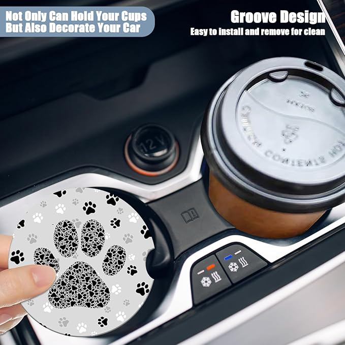 Car Cup Holder Coaster - Black and Gray Paws Absorbent Ceramic Coaster, Car Coasters for Cup Holders, Auto Accessories for Women & Men, Pack of 2