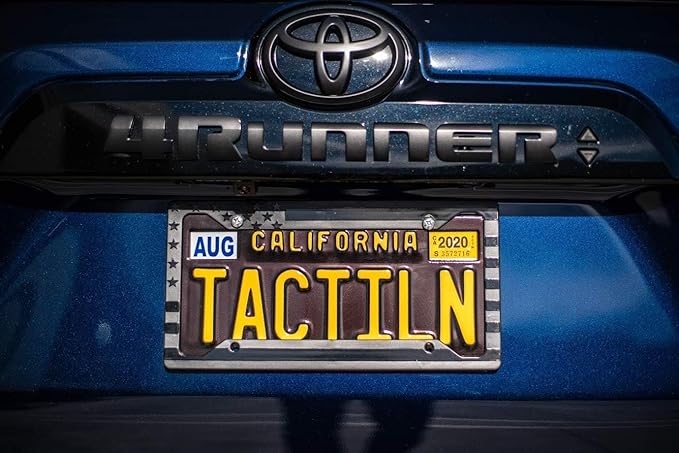 TACTILIAN American Flag License Plate Frame (2 Pack) Subdued 3D Embossed USA Flag in Black Gloss on Matte Finish for Car, Truck or SUV (Gloss on Matte Black)