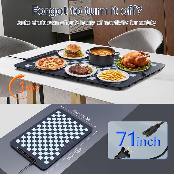 Warming Mat for Food - Rapid Full-Surface Heating Electric Warming Tray, 3-Level Temp & Auto Shut-Off, Portable Food Warmer for Home Dinners, Parties, Outdoor Picnics