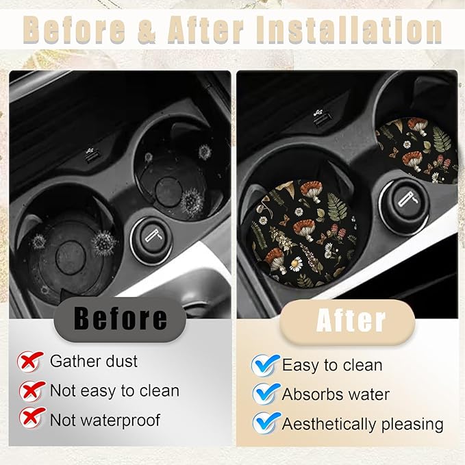 2 Pack Black Mushroom Coasters for Cup Holders, Ceramic Car Cup Holder Coaster for Car, Absorbent Car Cup Coasters with Cork Base Car Interior Accessories for Women Men
