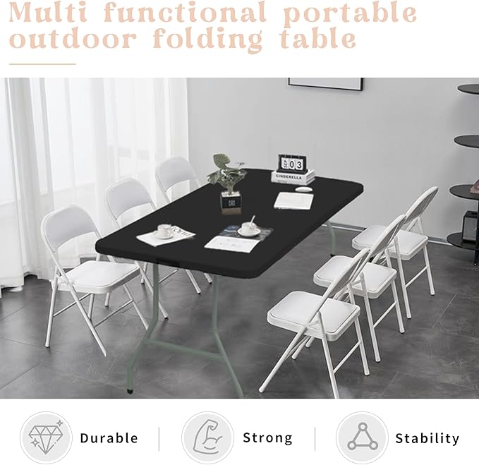 Folding Table 8 FT Camping Table Portable Heavy Duty Plastic Rectangular Outdoor Dining Table Steel Legs Fold-in-Half with Carrying Handle for Indoor,Picnic,Party,Wedding,Events(Black)