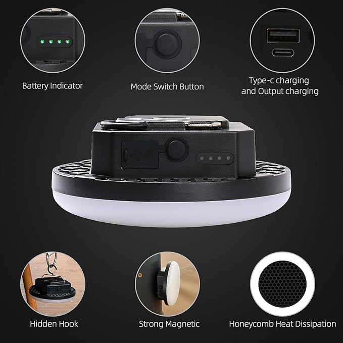 10000mAh Rechargeable Tent Light 3 Color Lighting Modes, 4000LM LED Portable Camping Lantern, IPX5 Waterproof, 30W Hanging Tent Light with Magnet, for Emergency & Gift