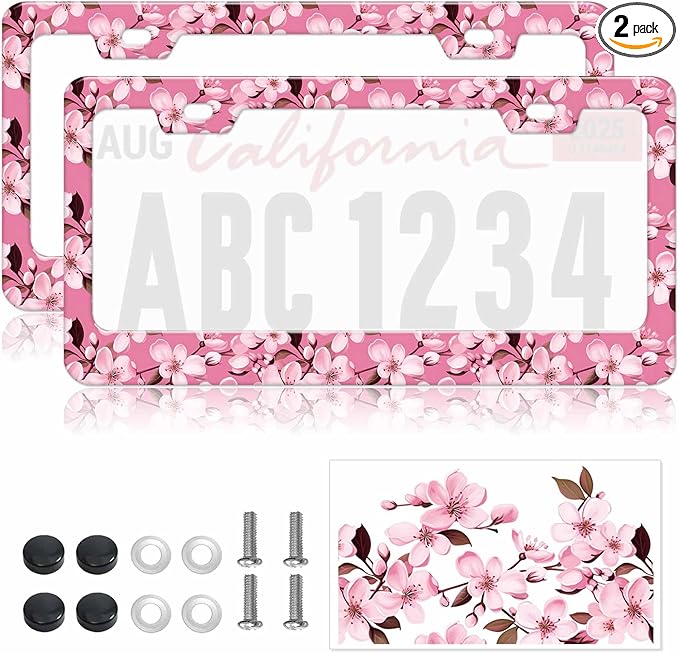2pcs Pink Cherry Blossom License Plate Frame for Women, Pink Flower Flora Car Tag Frames Girly for Vehicle with Non Adhesive Electrostatic Sticker